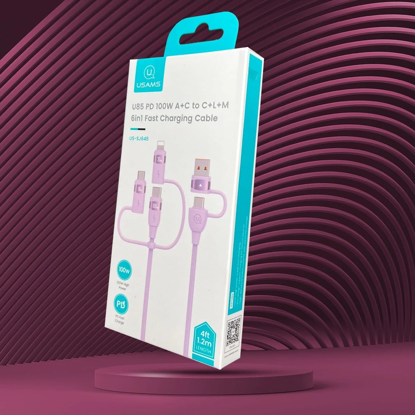 Cablu Date si Incarcare Rapida Usams, 5 in 1, 100W, 1,2m, QC 3, USB, Type-C, Roz