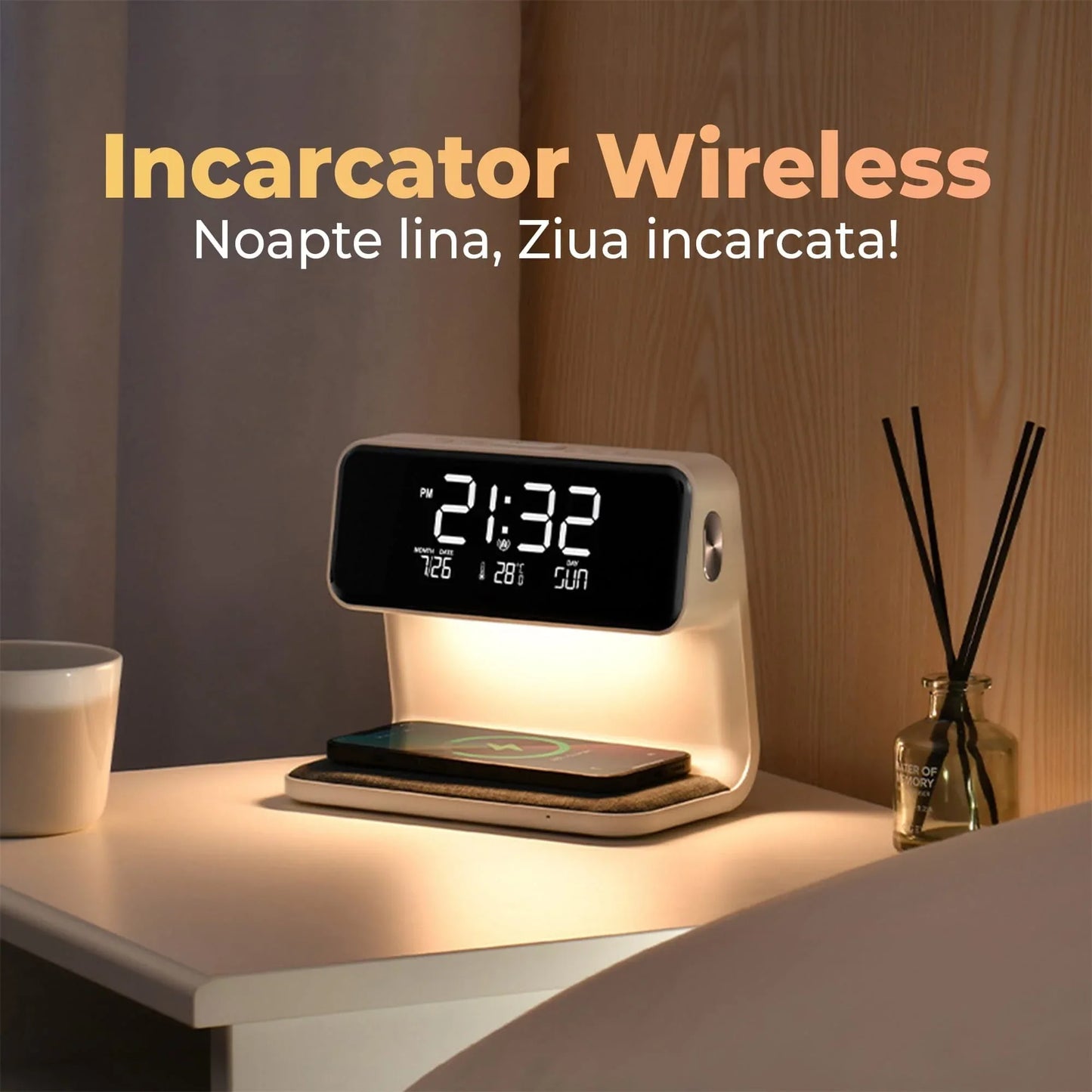 Incarcator Wireless Timebox, 10W, cu ceas digital si alarma, Alb