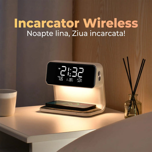 Incarcator Wireless Timebox, 10W, cu ceas digital si alarma, Alb