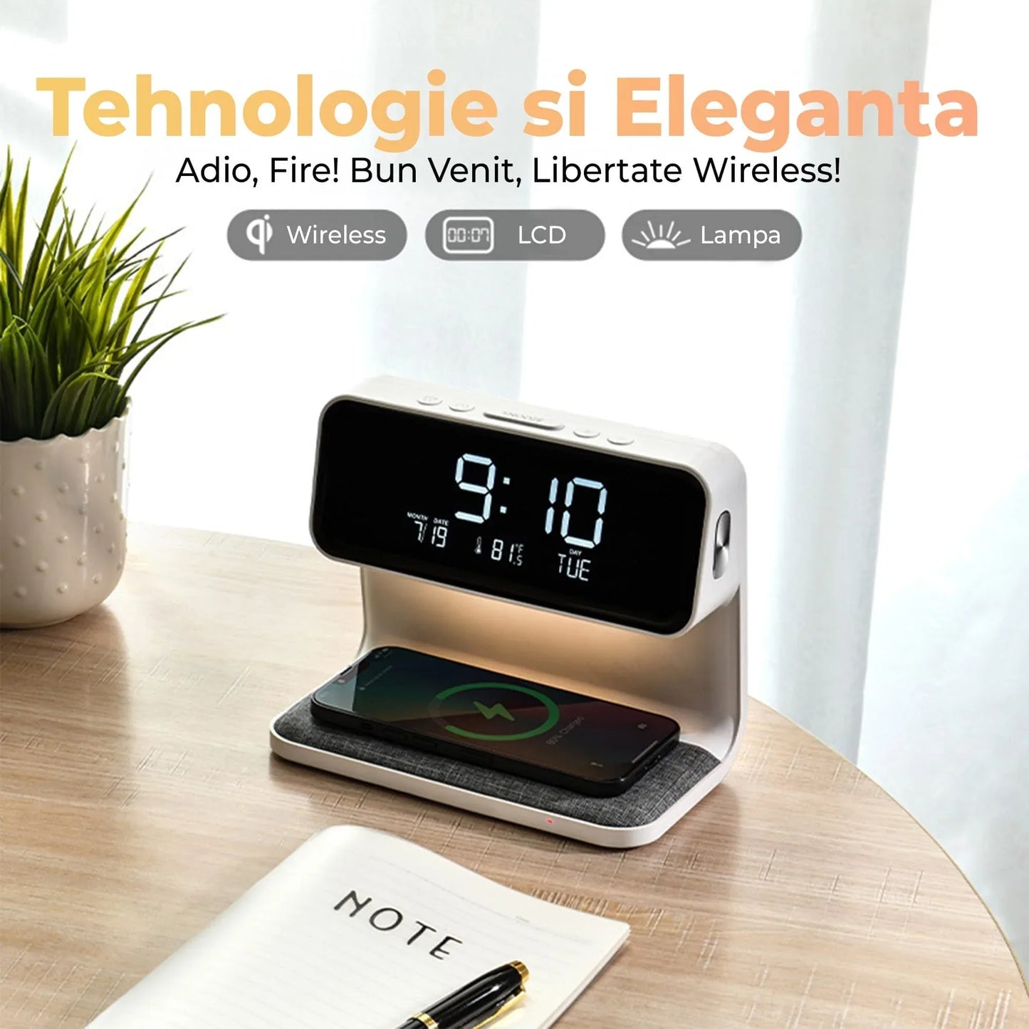 Incarcator Wireless Timebox, 10W, cu ceas digital si alarma, Alb