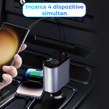 Incarcator auto 100W Super Fast Charge, Timebox, Cablu Retractabil Type-C + Lightning, Mufa USB, USB-C, Afisaj LED, Universal, Negru - 221.ro