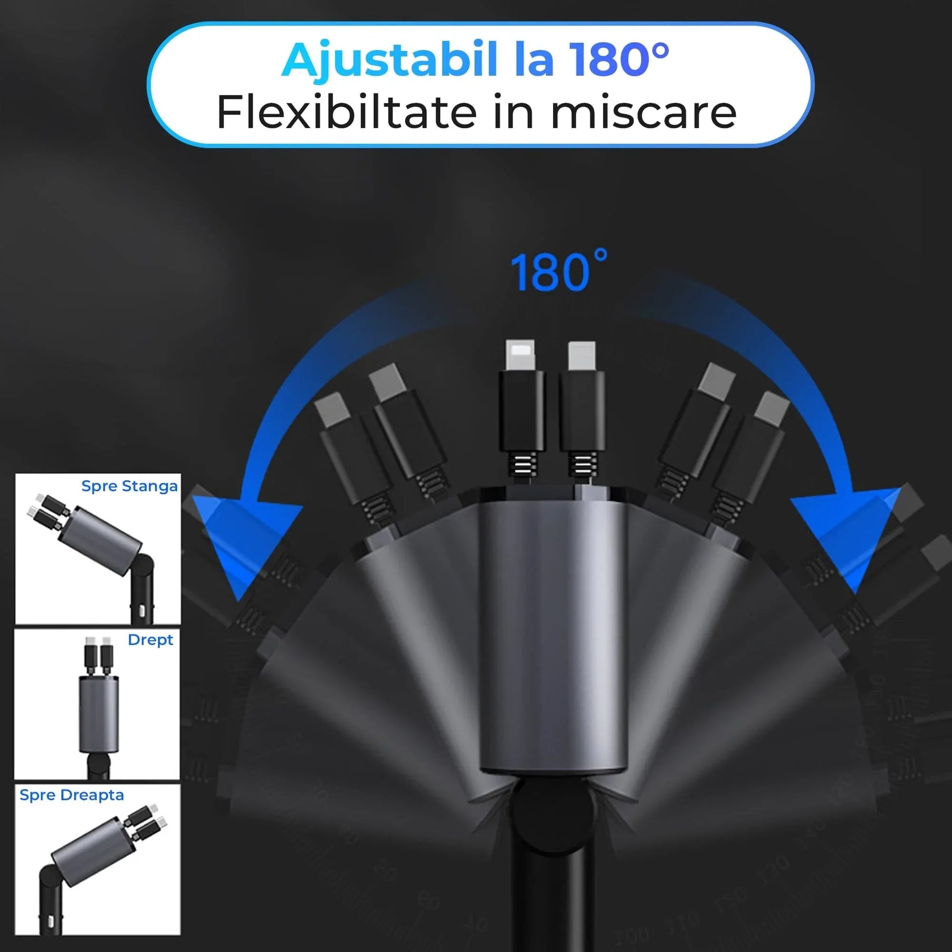 Incarcator auto 100W Super Fast Charge, Timebox, Cablu Retractabil Type-C + Lightning, Mufa USB, USB-C, Afisaj LED, Universal, Negru - 221.ro