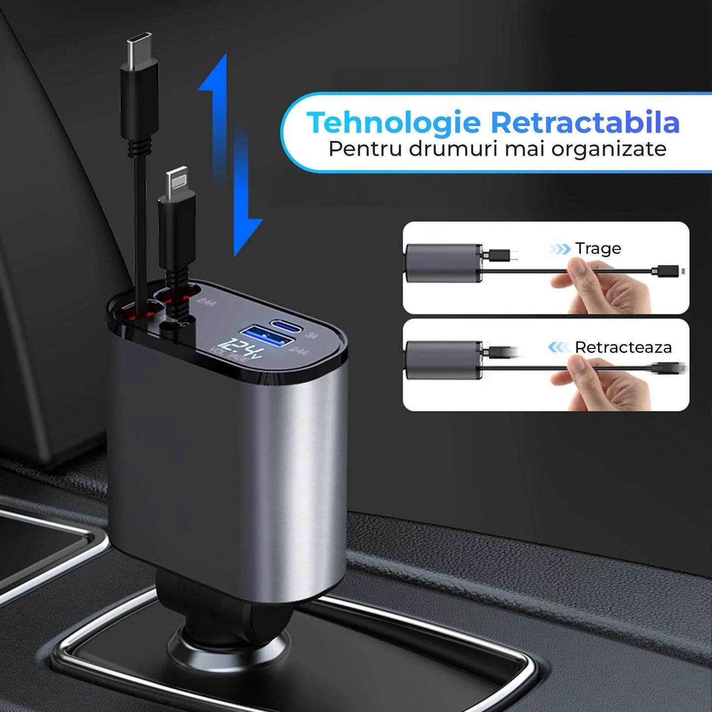 Incarcator auto 100W Super Fast Charge, Timebox, Cablu Retractabil Type-C + Lightning, Mufa USB, USB-C, Afisaj LED, Universal, Negru - 221.ro