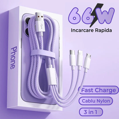 Cablu Date si Incarcare Rapida Timebox, 3 in 1, 66W, 1,2m, QC 3, USB, Mov