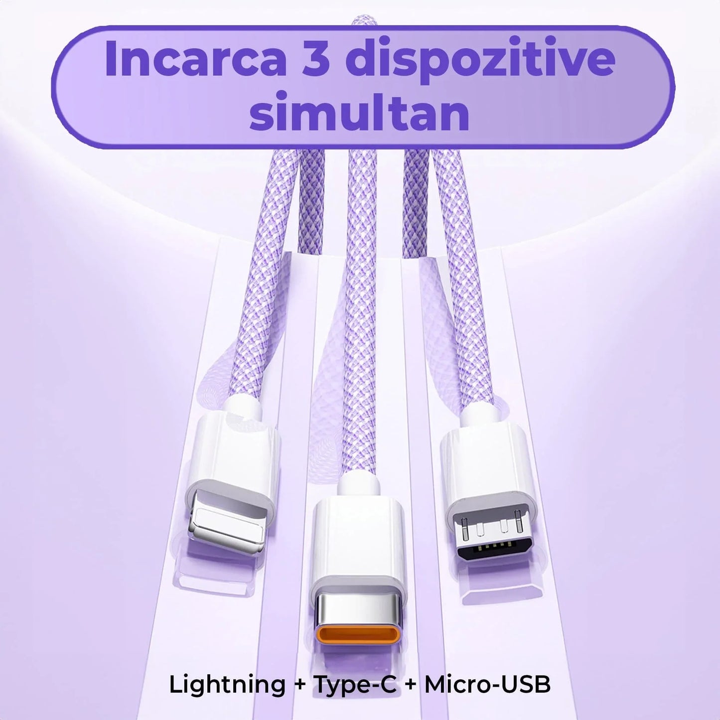 Cablu Date si Incarcare Rapida Timebox, 3 in 1, 66W, 1,2m, QC 3, USB, Mov