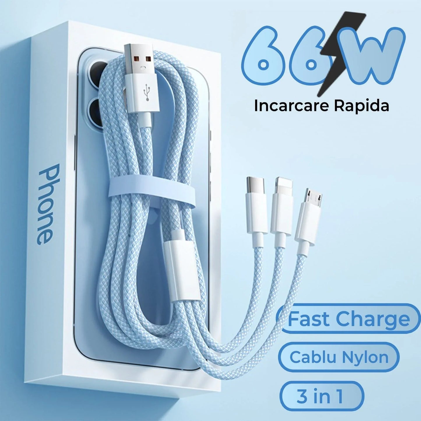 Cablu Date si Incarcare Rapida Timebox, 3 in 1, 66W, 2m, QC 3, USB, Albastru