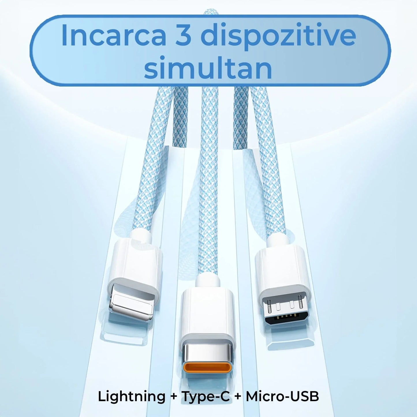 Cablu Date si Incarcare Rapida Timebox, 3 in 1, 66W, 2m, QC 3, USB, Albastru