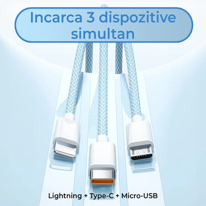 Cablu Date si Incarcare Rapida Timebox, 3 in 1, 66W, 2m, QC 3, USB, Albastru