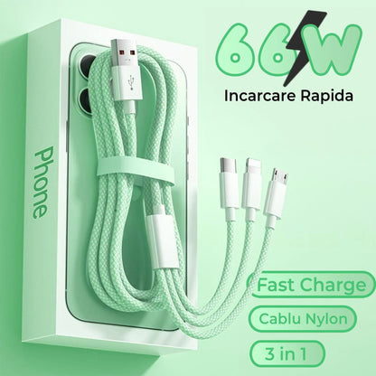 Cablu Date si Incarcare Rapida Timebox, 3 in 1, 66W, 2m, QC 3, USB, Verde