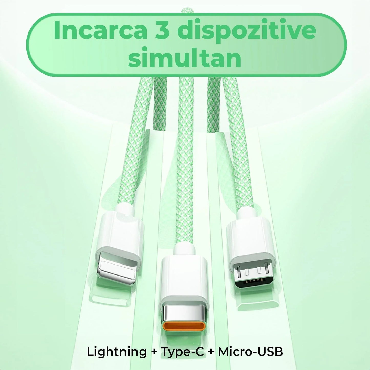 Cablu Date si Incarcare Rapida Timebox, 3 in 1, 66W, 2m, QC 3, USB, Verde