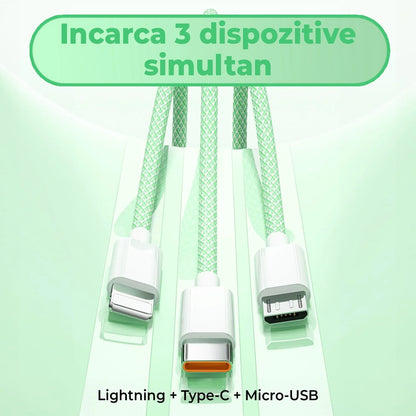 Cablu Date si Incarcare Rapida Timebox, 3 in 1, 66W, 2m, QC 3, USB, Verde