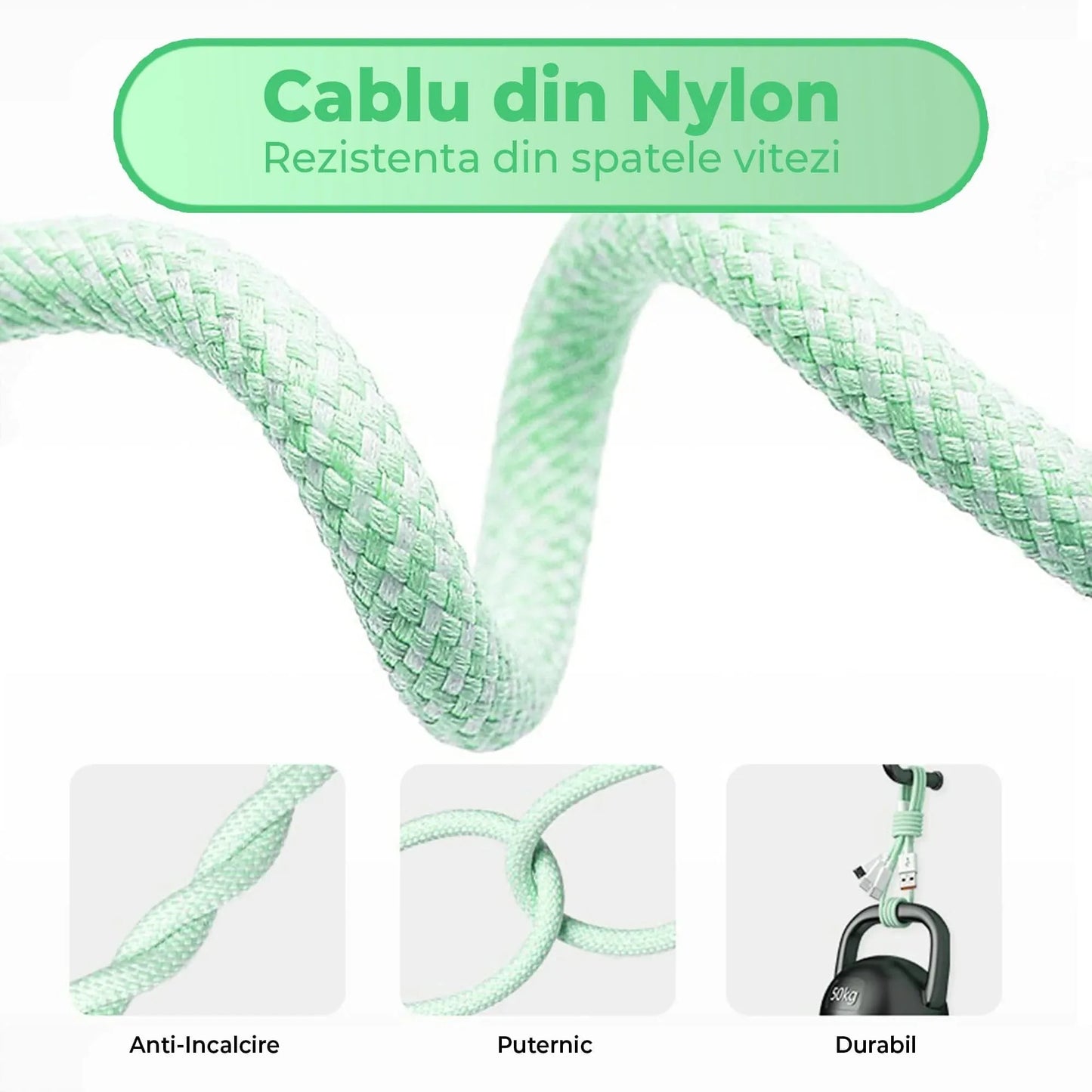 Cablu Date si Incarcare Rapida Timebox, 3 in 1, 66W, 2m, QC 3, USB, Verde