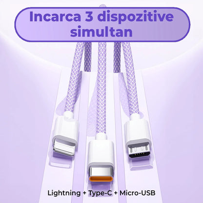 Cablu Date si Incarcare Rapida Timebox, 3 in 1, 66W, 2 m, QC 3, USB, Type-C, Mov
