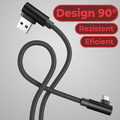 Cablu Date si Incarcare Rapida Timebox, USB la Type-C, 3m, unghi 90 grade, Negru