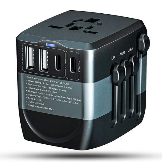 Adaptor incarcator universal priza de calatorie Timebox, 2 x USB, 2 x Type-C, Negru/Albastru
