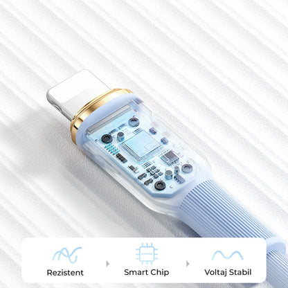 Cablu Date si Incarcare Rapida Timebox, USB-C la Lightning, 27W, 1,5m, Albastru