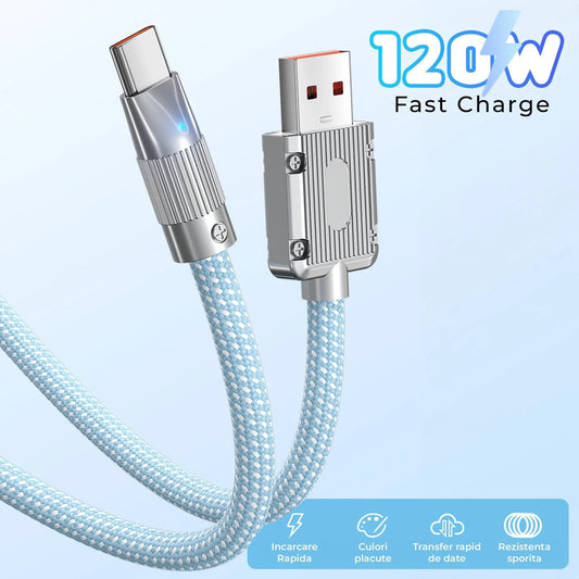 Cablu Date si Incarcare Rapida 120W Timebox, USB la Type-C, 1 m, LED, Albastru