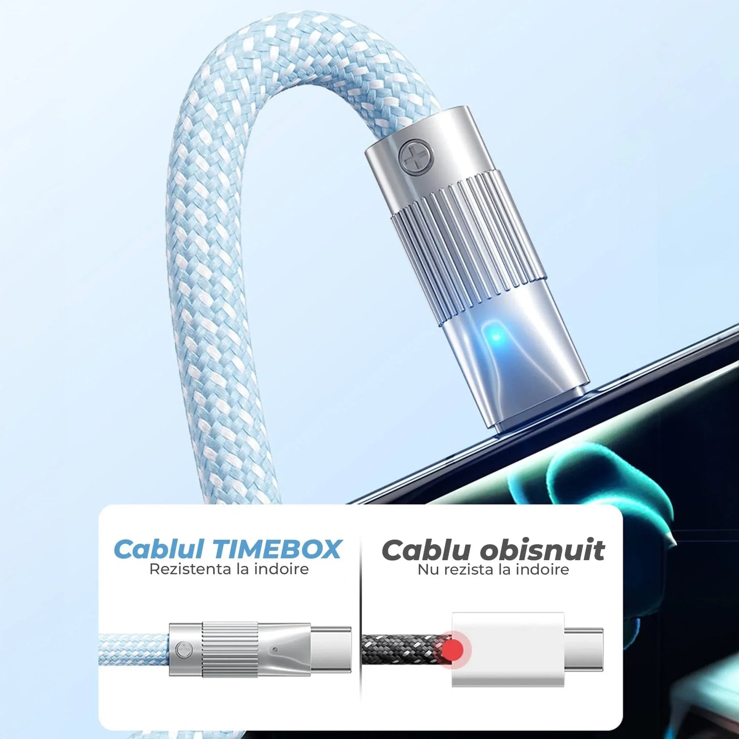 Cablu Date si Incarcare Rapida 120W Timebox, USB la Type-C, 1 m, LED, Albastru