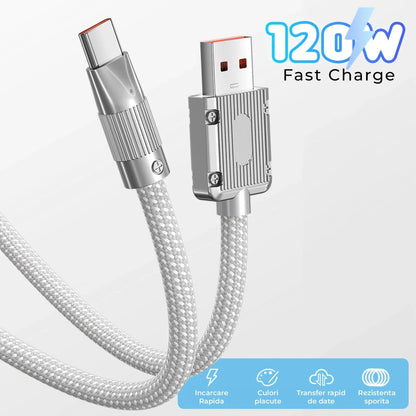 Cablu Date si Incarcare Rapida 120W Timebox, USB la Type-C, 1 m, LED, Alb