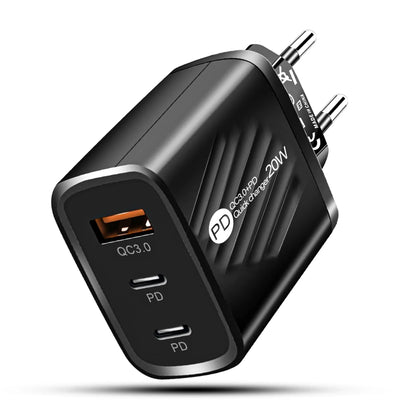 Incarcator Retea Timebox, 3 Porturi, 20W, 2 x Type-C, 1 x USB, LED, Negru