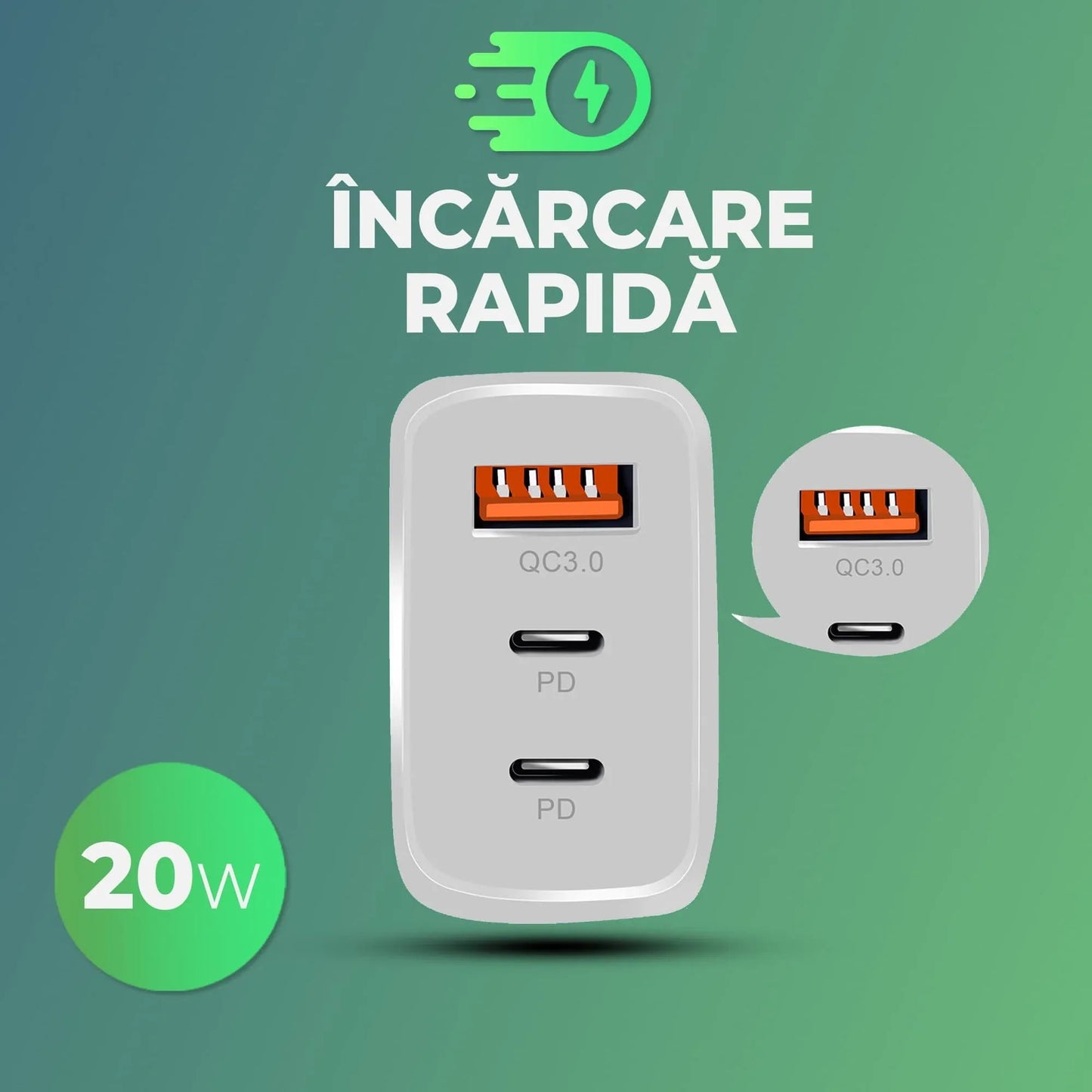 Incarcator Retea Timebox, 3 Porturi, 20W, 2 x Type-C, 1 x USB, LED, Negru
