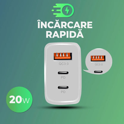 Incarcator Retea Timebox, 3 Porturi, 20W, 2 x Type-C, 1 x USB, LED, Negru