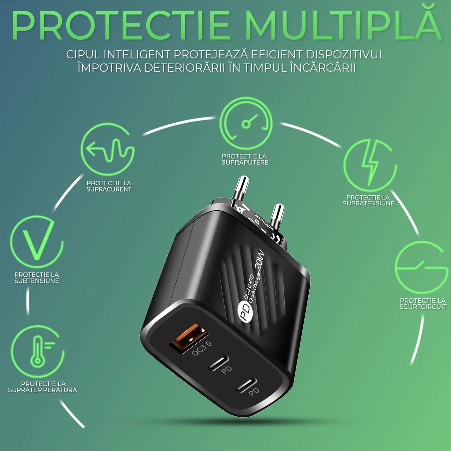 Incarcator Retea Timebox, 3 Porturi, 20W, 2 x Type-C, 1 x USB, LED, Negru