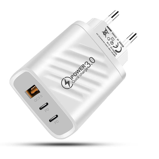 Incarcator Retea Timebox, 3 Porturi, 20W, 2 x Type-C, 1 x USB, LED, Alb