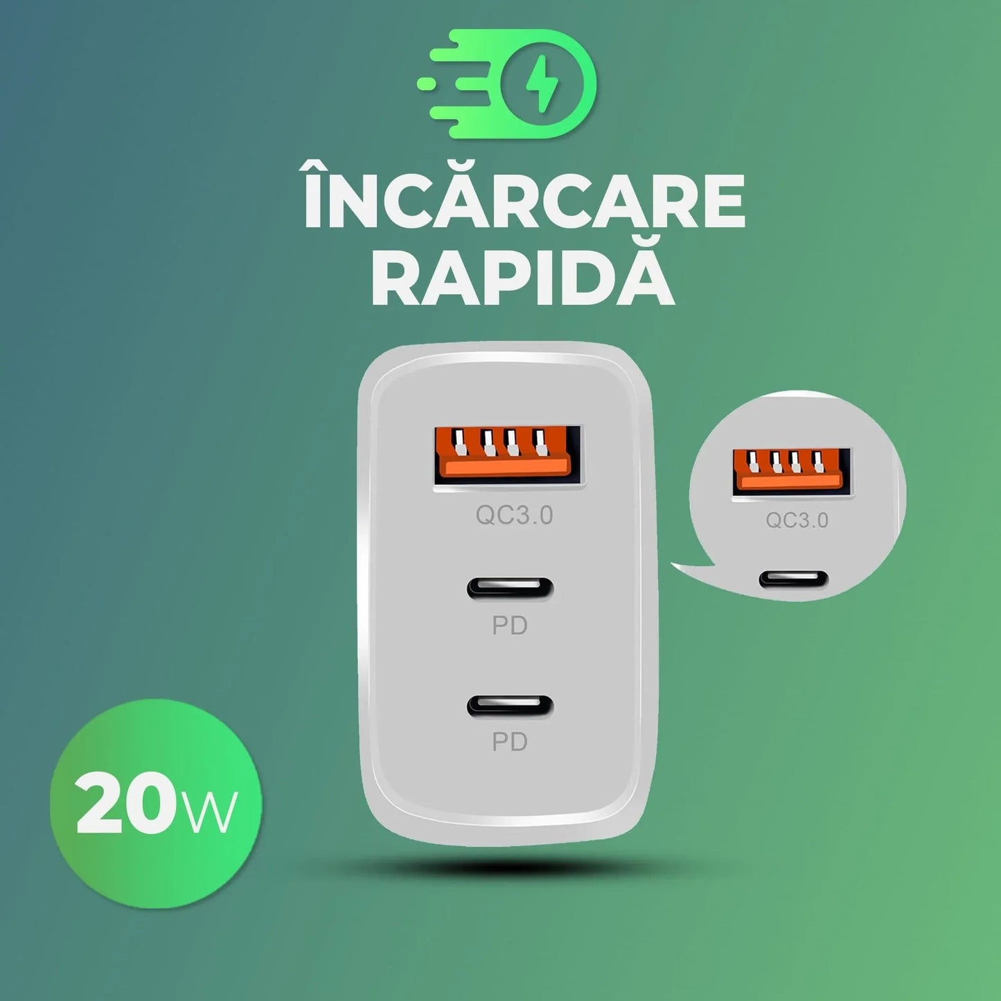 Incarcator Retea Timebox, 3 Porturi, 20W, 2 x Type-C, 1 x USB, LED, Alb