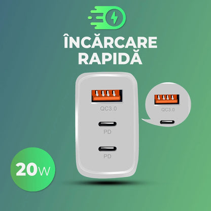 Incarcator Retea Timebox, 3 Porturi, 20W, 2 x Type-C, 1 x USB, LED, Alb