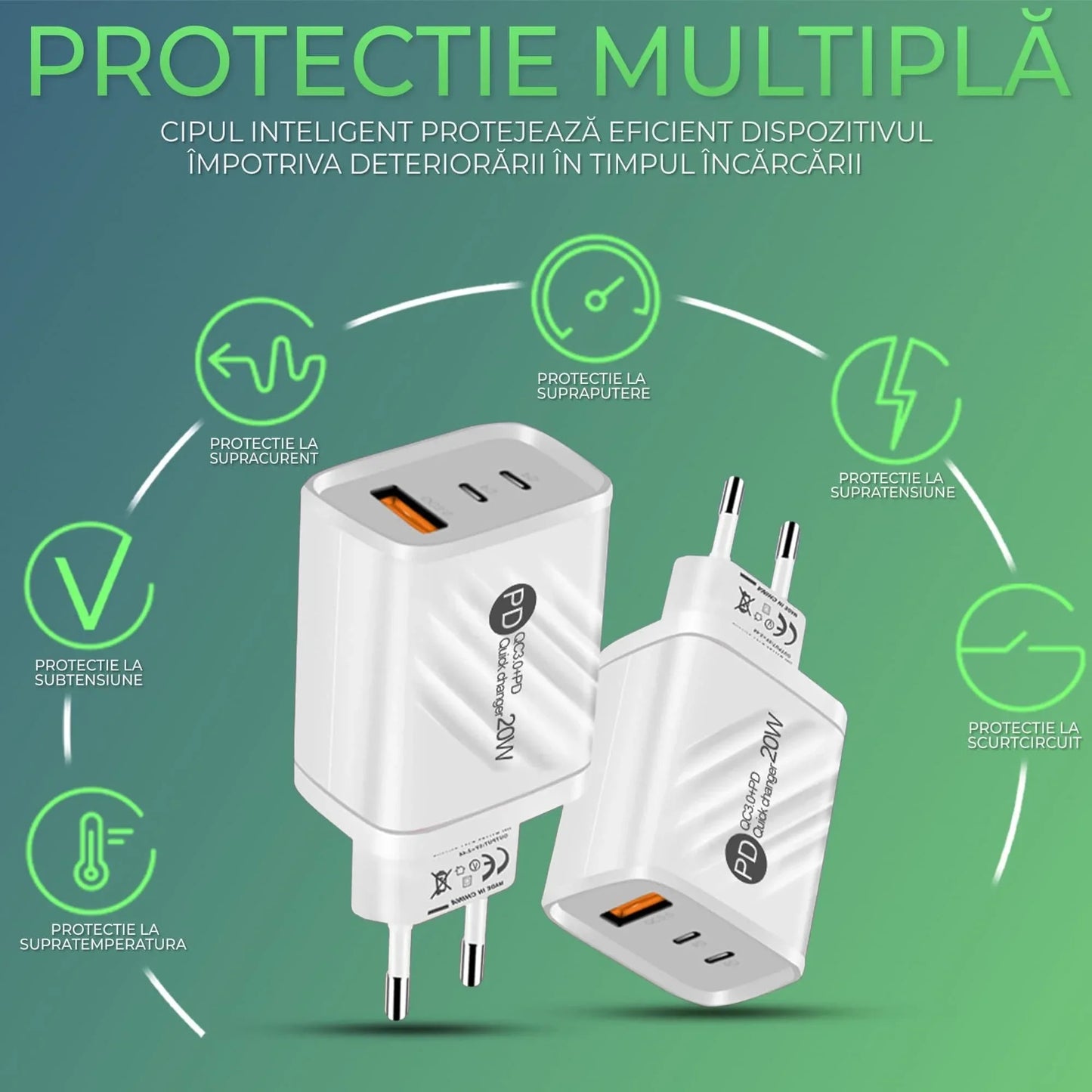 Incarcator Retea Timebox, 3 Porturi, 20W, 2 x Type-C, 1 x USB, LED, Alb