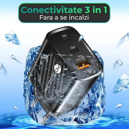 Incarcator Retea Timebox, 3 Porturi, 20W, 2 x Type-C, 1 x USB, LED, Alb