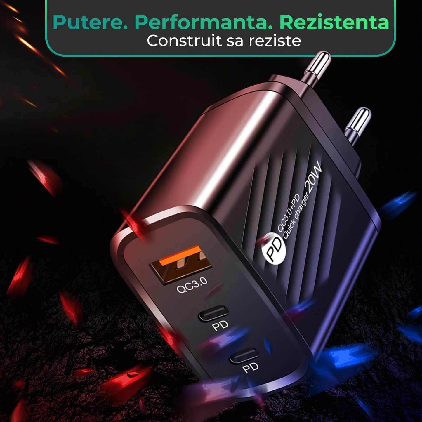 Incarcator Retea Timebox, 3 Porturi, 20W, 2 x Type-C, 1 x USB, LED, Alb