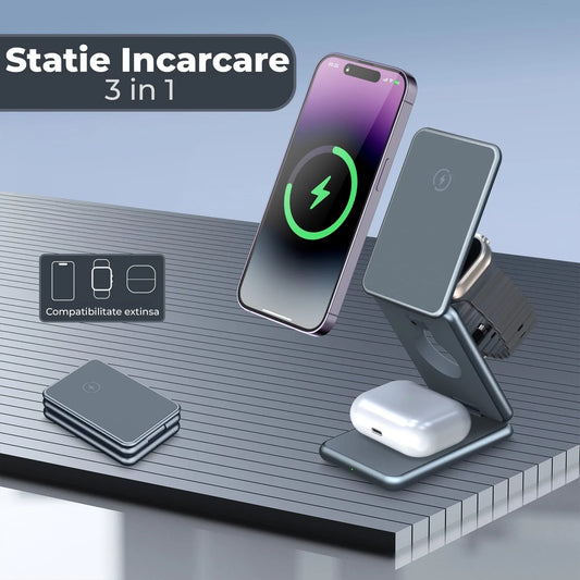 Incarcator Wireless Timebox, 15W, 3 In 1, Pliabil, Magsafe, Airpods, Apple Watch