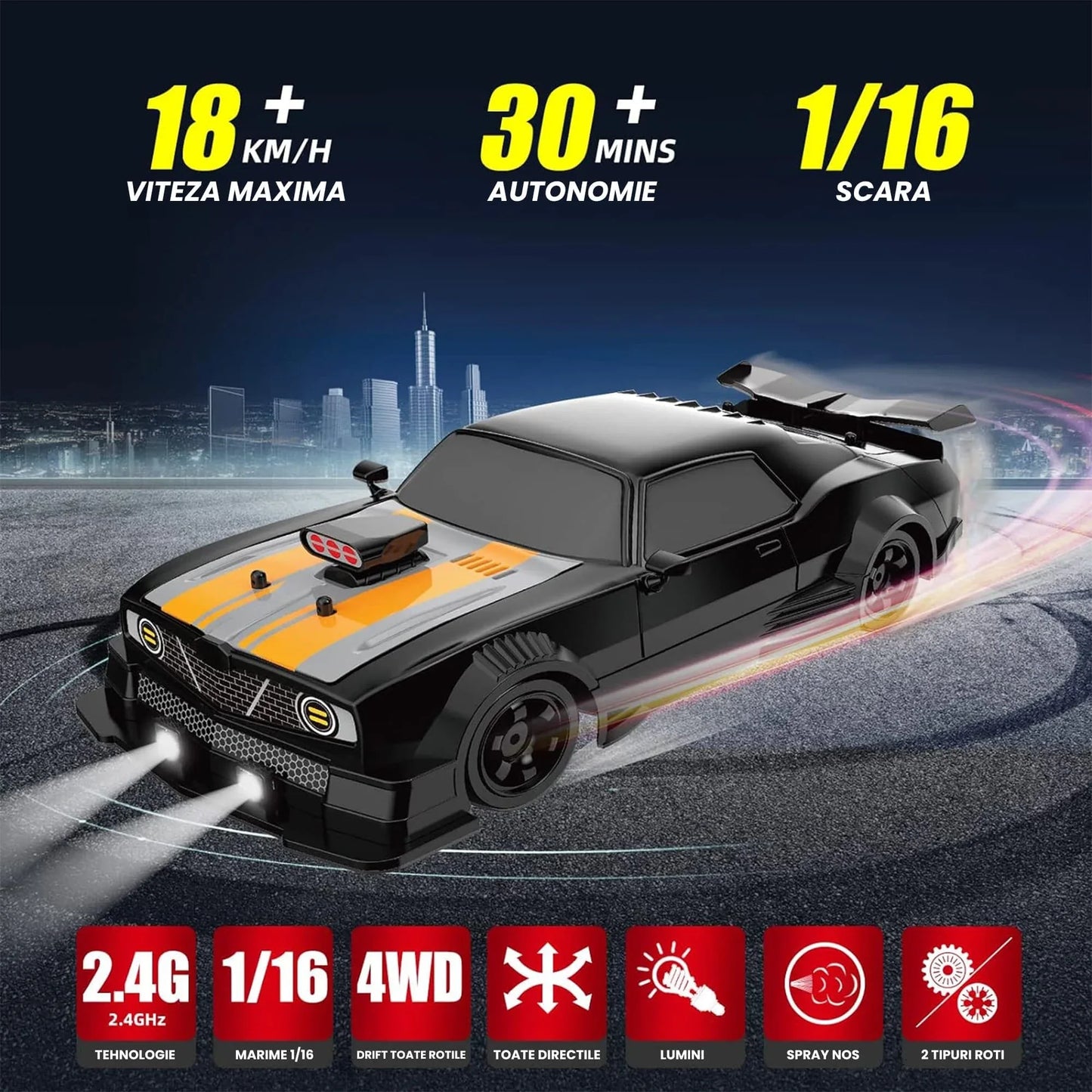 Masina cu telecomanda RC, Timebox, Drift car, 20km/h, lumini LED, cauciucuri interschimbabile, 1:16, 2 baterii tip acumulator incluse, Negru/Portocaliu - 221.ro
