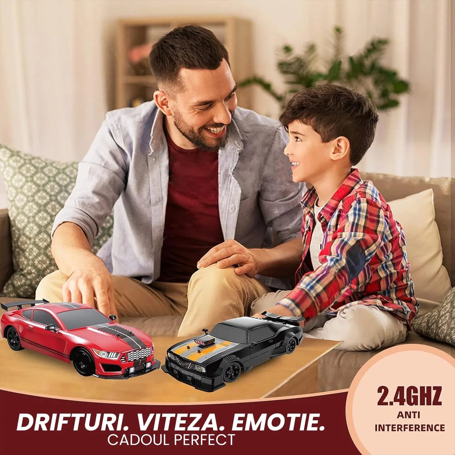 Masina cu telecomanda RC, Timebox, Drift car, 20km/h, lumini LED, cauciucuri interschimbabile, 1:16, 2 baterii tip acumulator incluse, Negru/Portocaliu - 221.ro