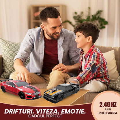 Masina cu telecomanda RC, Timebox, Drift car, 20km/h, lumini LED, cauciucuri interschimbabile, 1:16, 2 baterii tip acumulator incluse, Negru/Portocaliu - 221.ro