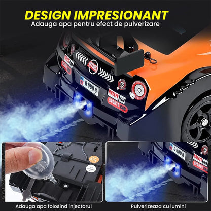 Masina cu telecomanda RC, Timebox, Drift car, 20km/h, lumini LED, cauciucuri interschimbabile, 1:16, 2 baterii tip acumulator incluse, Negru/Portocaliu - 221.ro