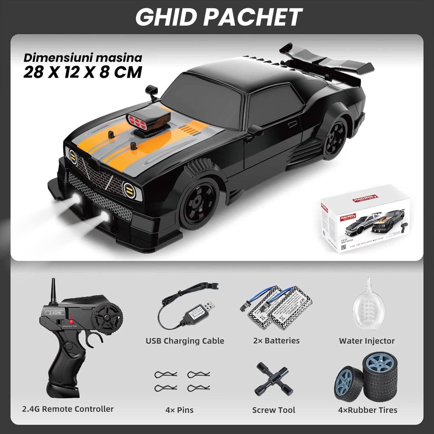 Masina cu telecomanda RC, Timebox, Drift car, 20km/h, lumini LED, cauciucuri interschimbabile, 1:16, 2 baterii tip acumulator incluse, Negru/Portocaliu - 221.ro