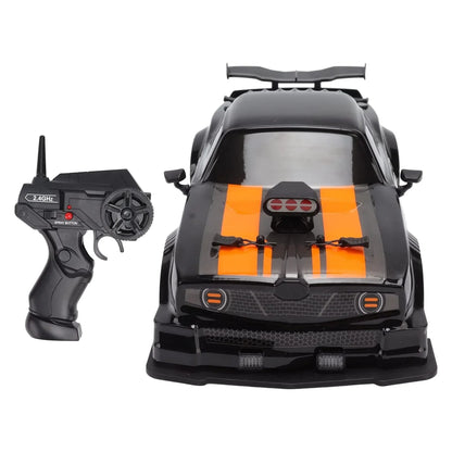 Masina cu telecomanda RC, Timebox, Drift car, 20km/h, lumini LED, cauciucuri interschimbabile, 1:16, 2 baterii tip acumulator incluse, Negru/Portocaliu - 221.ro