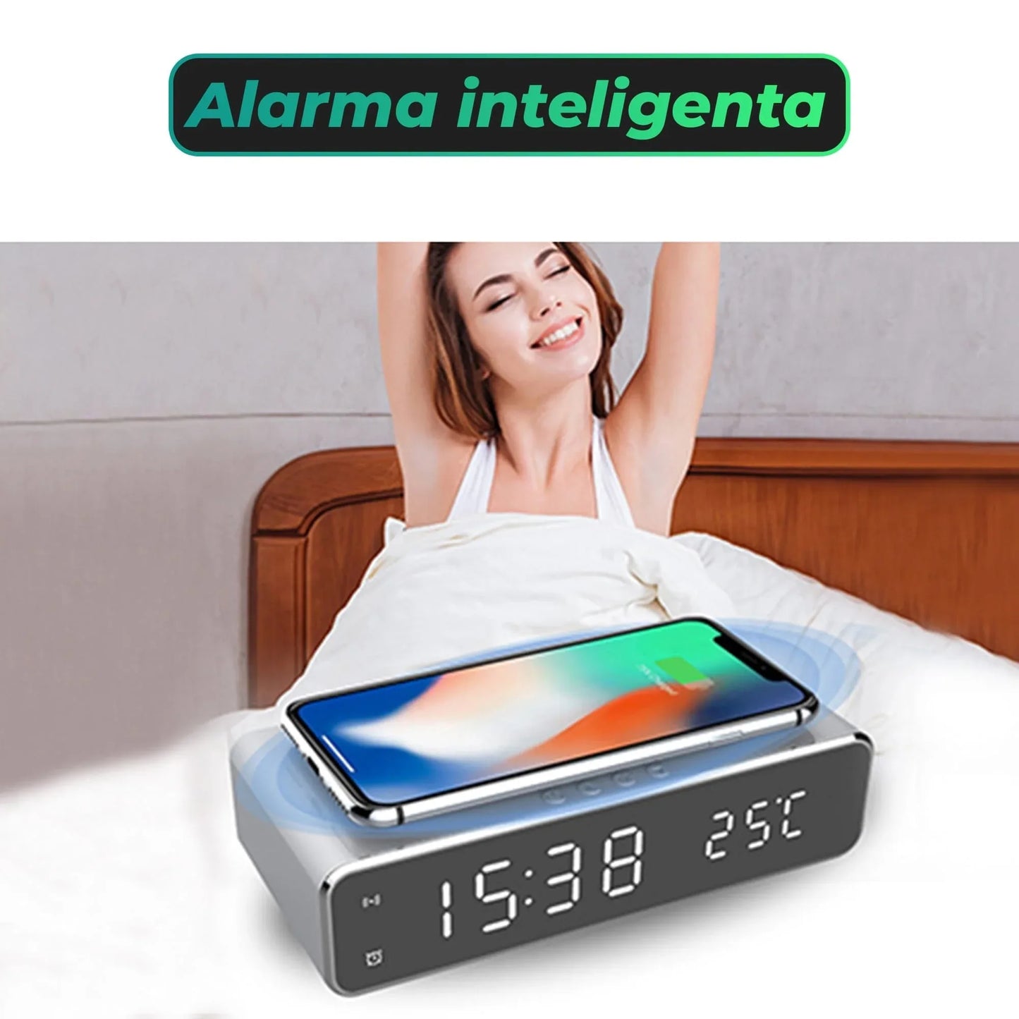 Incarcator Wireless Timebox, 10W, cu ceas digital si alarma, Samsung, Negru