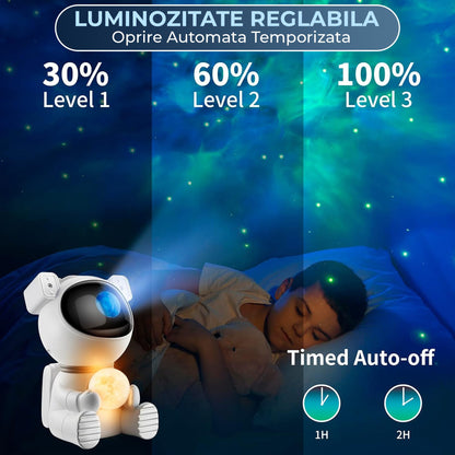 Lampa tip Proiector Model Astronaut Timebox 2 in 1 cu 8 Culori de Nebuloasa, 7 Culori de Luna, Cap Rotativ 360°, Telecomanda si Timer Auto-Off, Ideal pentru Dormitoare, Camere de Jocuri si Petreceri