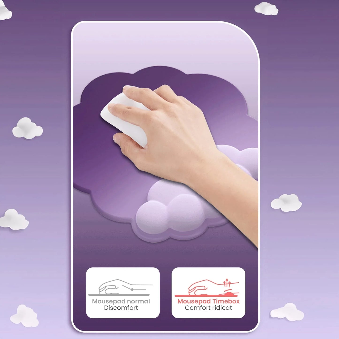 Mousepad ergonomic, spuma cu memorie pentru sustinere incheietura mana cu Wrist Rest, Baza anti-derapanta, Nor mov - 221.ro