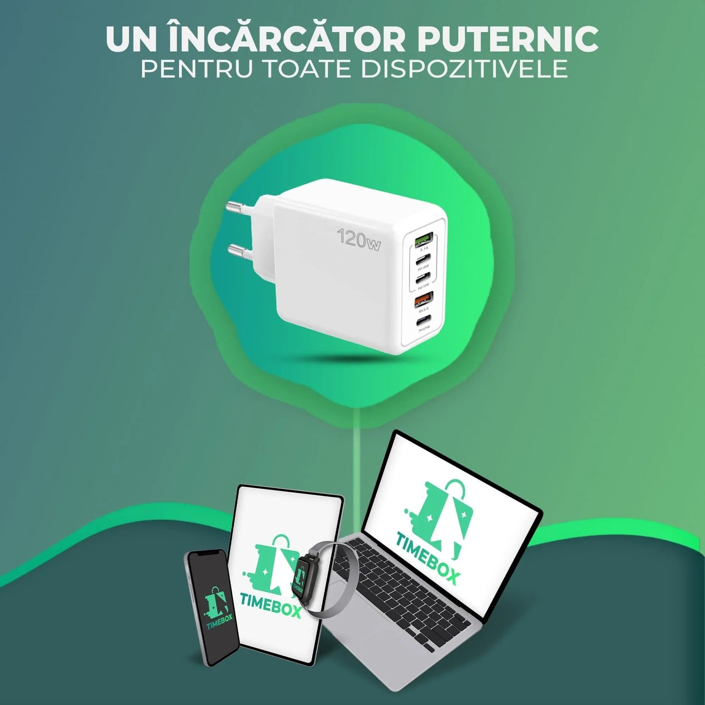 Incarcator Retea Timebox, 5 Porturi, 120W, 3 x Type-C, 2 x USB, Alb