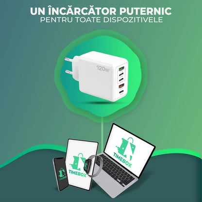 Incarcator Retea Timebox, 5 Porturi, 120W, 3 x Type-C, 2 x USB, Alb