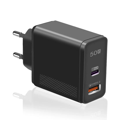 Incarcator Retea Timebox, 2 Porturi, 50W, 1 x Type-C, 1 x USB, Negru