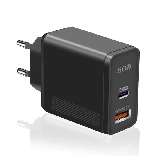 Incarcator Retea Timebox, 2 Porturi, 50W, 1 x Type-C, 1 x USB, Negru