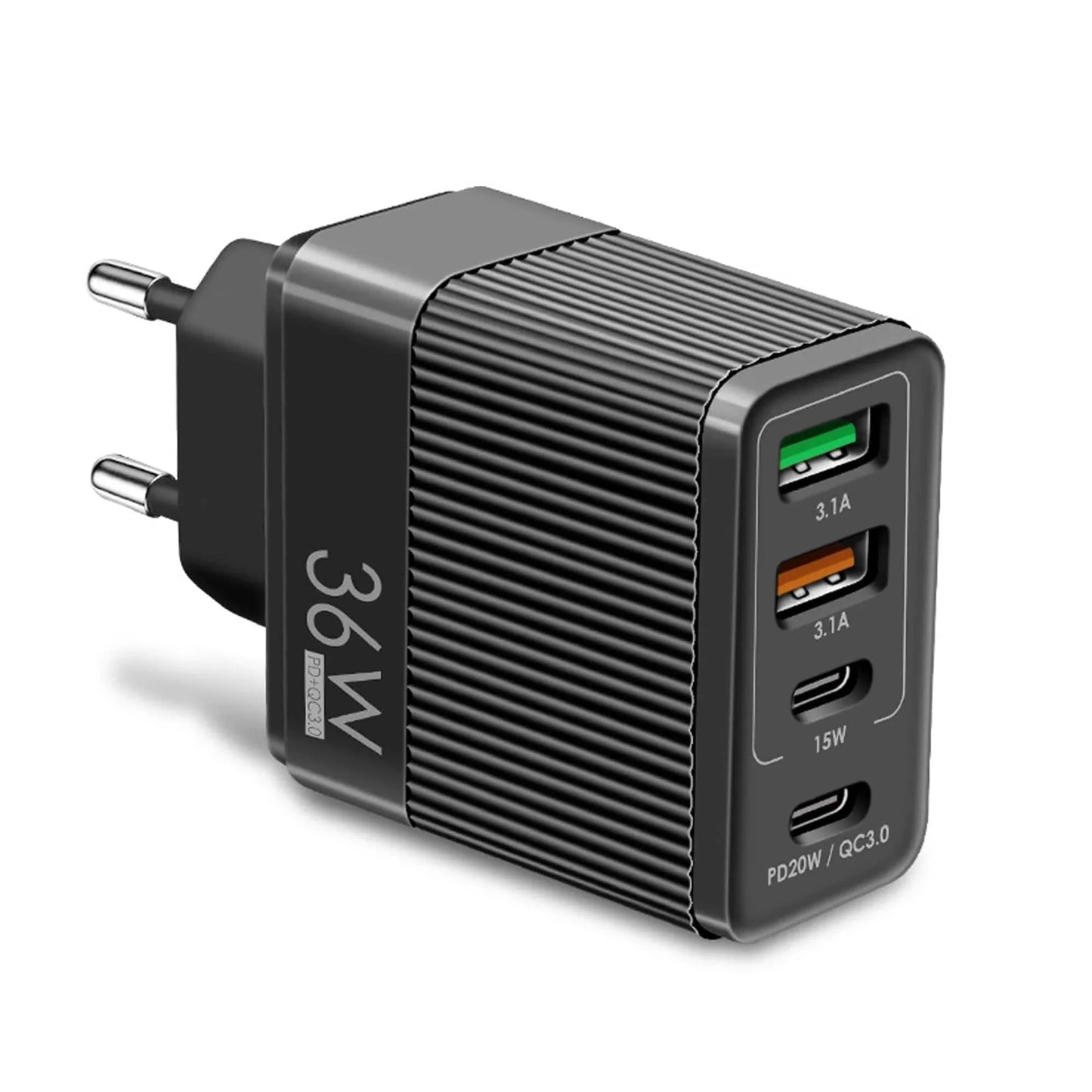 Incarcator Retea Timebox, 4 Porturi, 36W, 2 x Type-C, 2 x USB, Negru
