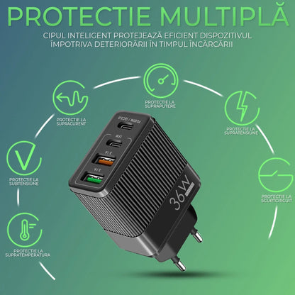 Incarcator Retea Timebox, 4 Porturi, 36W, 2 x Type-C, 2 x USB, Negru