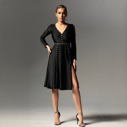 Rochie neagra midi cu umeri goi si agrafe metalice Yvette